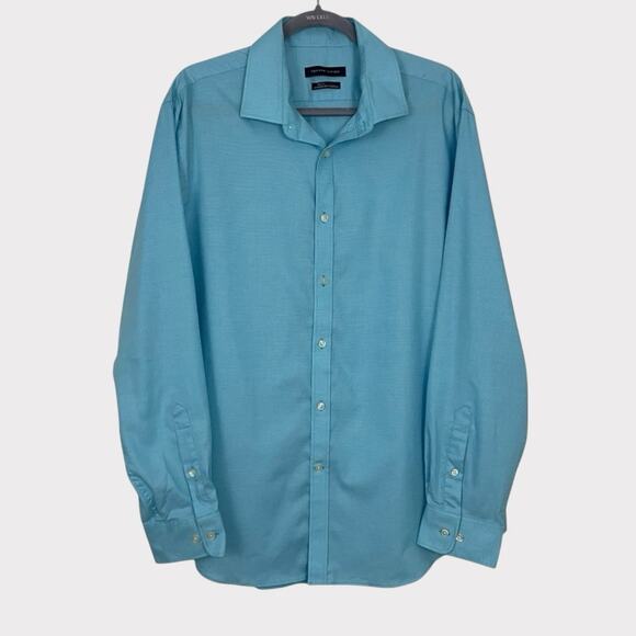 Tommy Hilfiger Mens TH Flex Stretch Blue Long Sleeve Button Down Dress Shirt - Picture 1 of 6